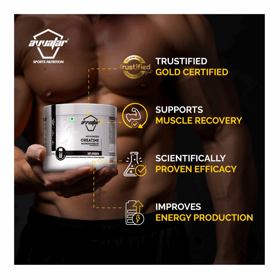 Arnold Sports Nutrition supplement container held by a person with certification and feature text on a black background