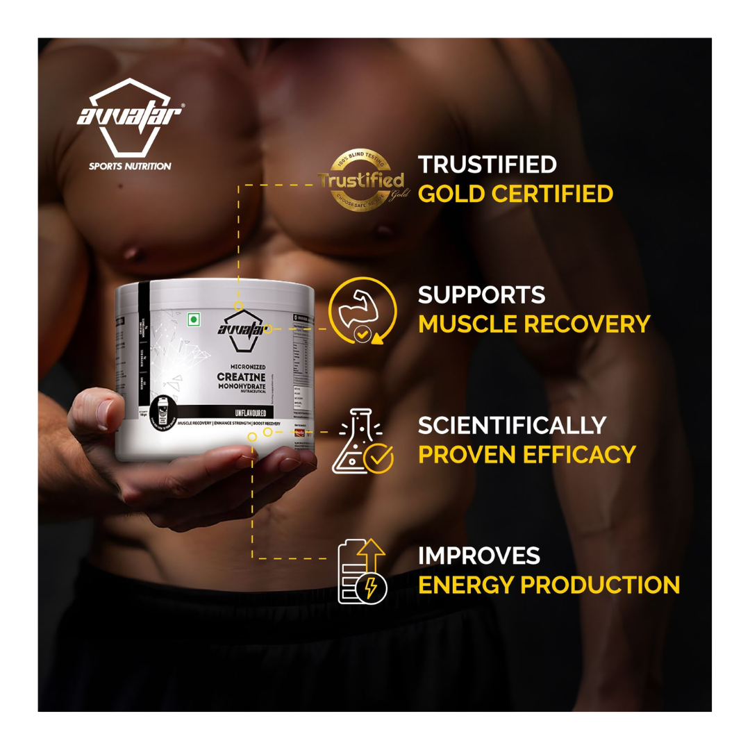 Arnold Sports Nutrition supplement container held by a person with certification and feature text on a black background