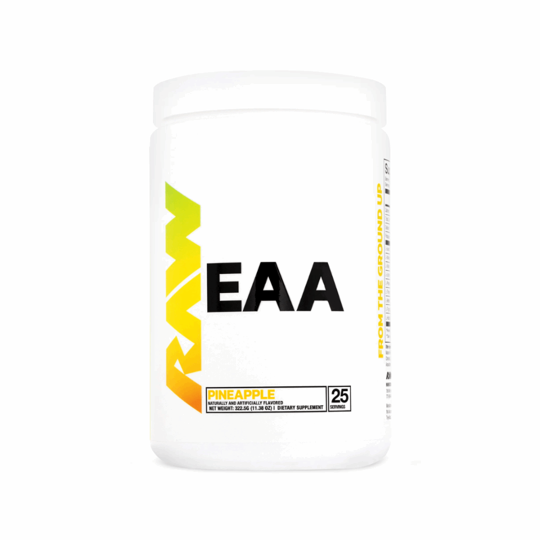 Supplement container labeled 'EAA' with a pineapple flavor on a white background