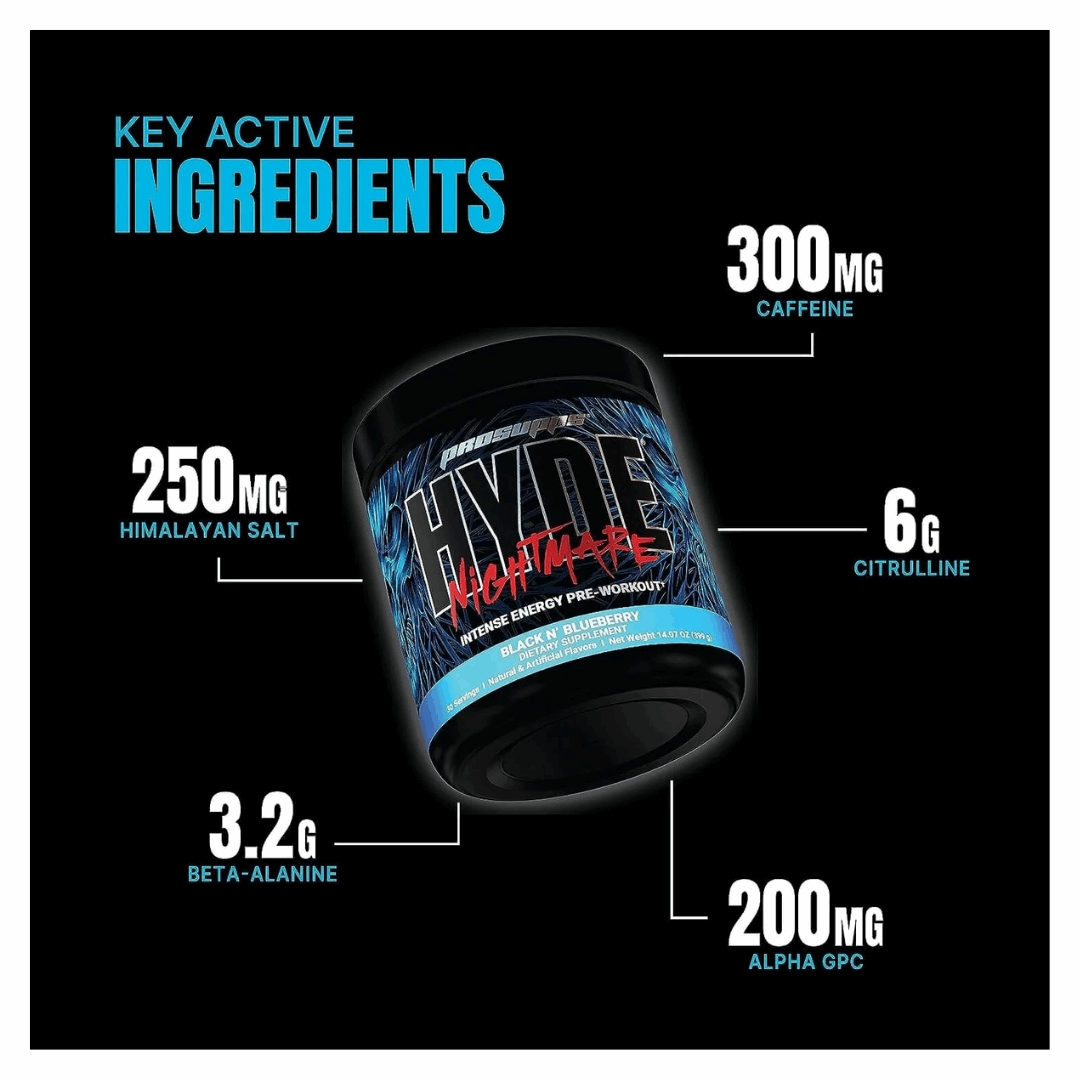Supplement container with key active ingredients listed on a black background