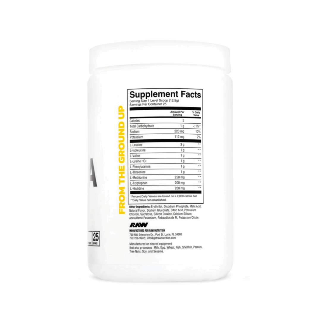 Supplement container labeled 'EAA' with a pineapple flavor on a white background