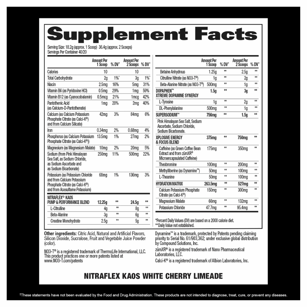 Supplement facts label for NITRAFLEX KAOS White Cherry Limeade on a black background