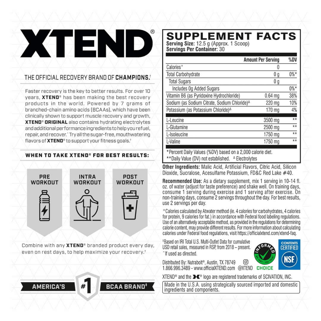 Supplement facts label for XTEND recovery product on a white background
