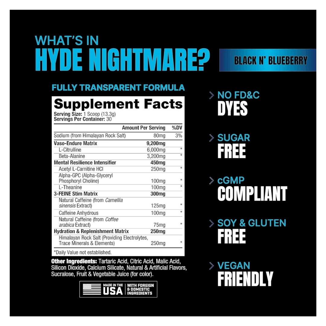 Supplement label for Hyde Nightmare with ingredient list and claims on a black background