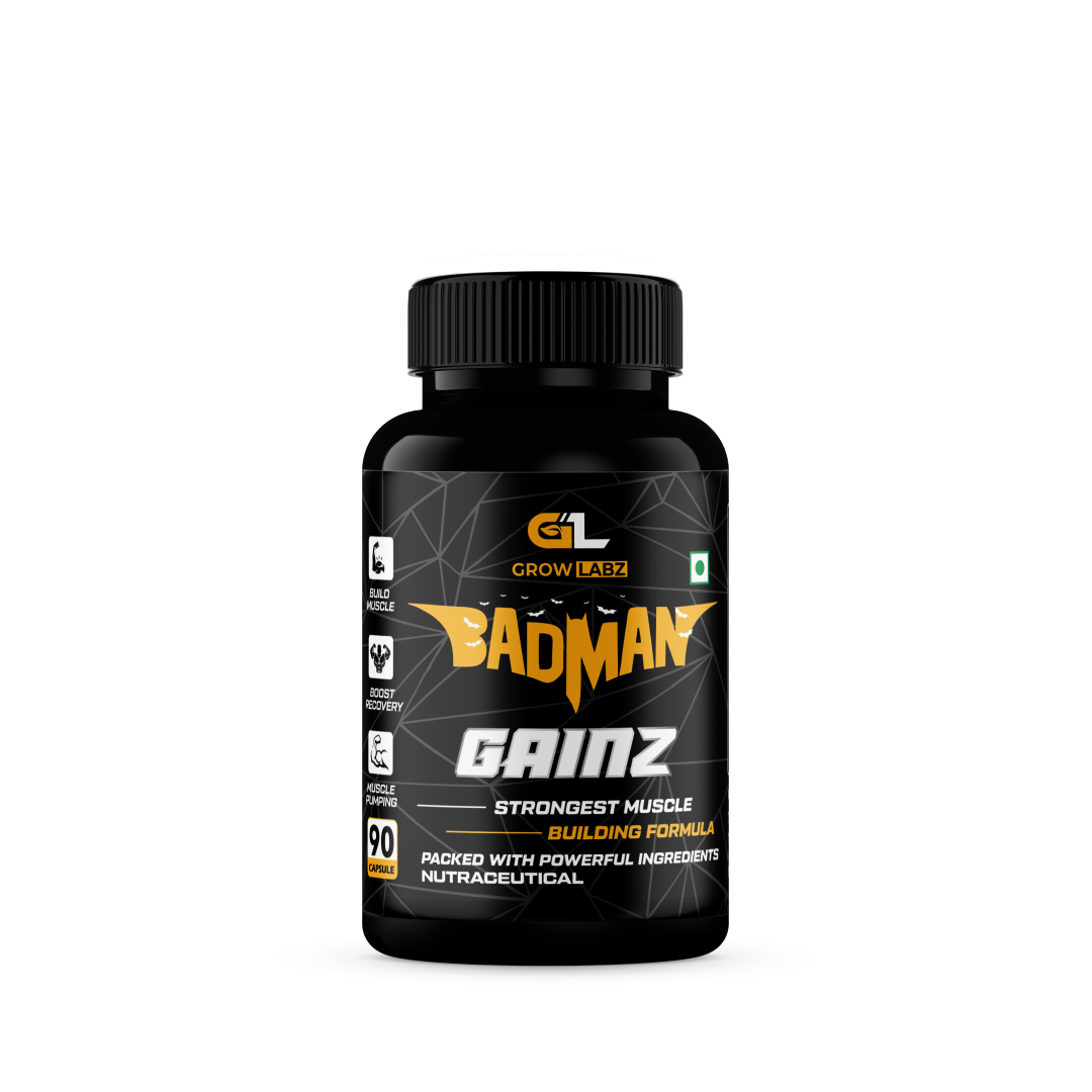 Supplement bottle labeled 'Bad Man Gainz' on a white background