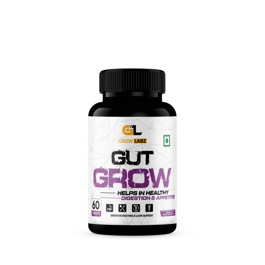 Supplement bottle labeled 'Gut Grow' by Grow Labz on a white background