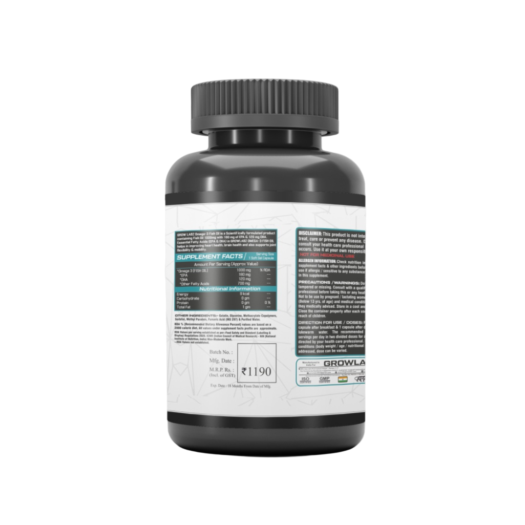 Omega-3 fish oil supplement bottle with label on a white background