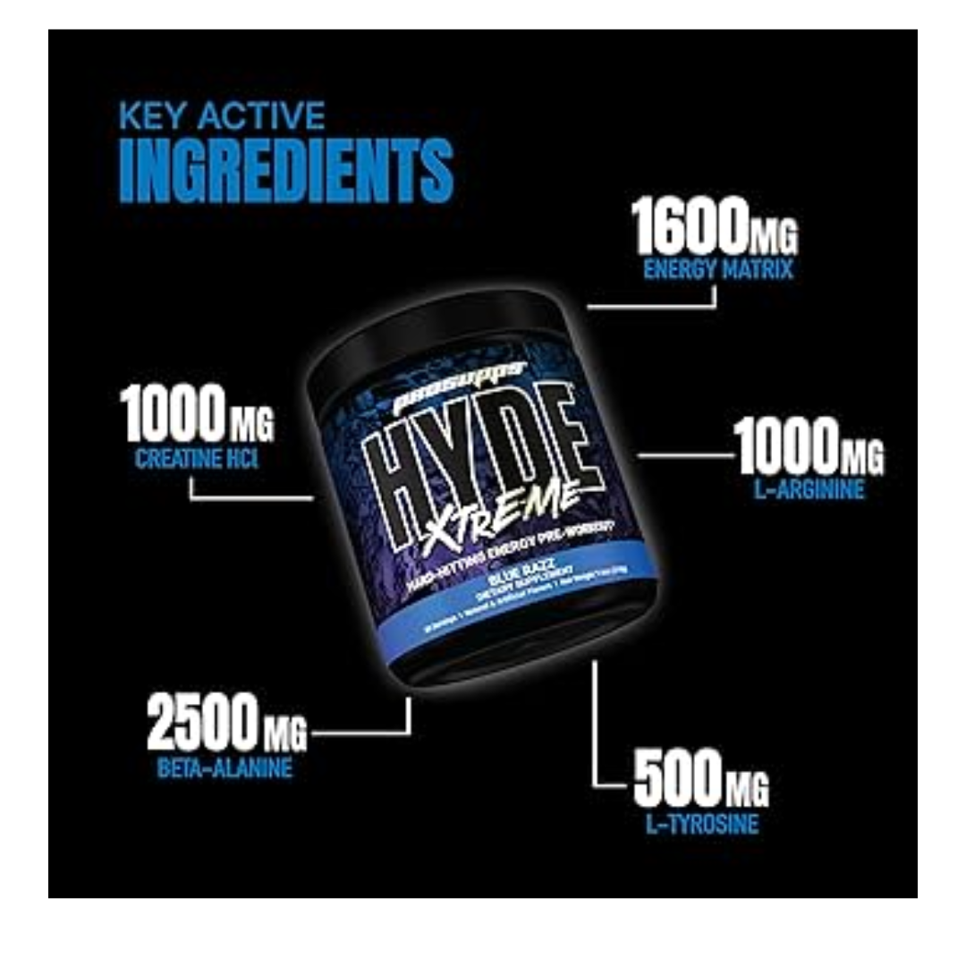 Supplement container labeled 'Hyde Extreme' with key active ingredients listed on a black background.