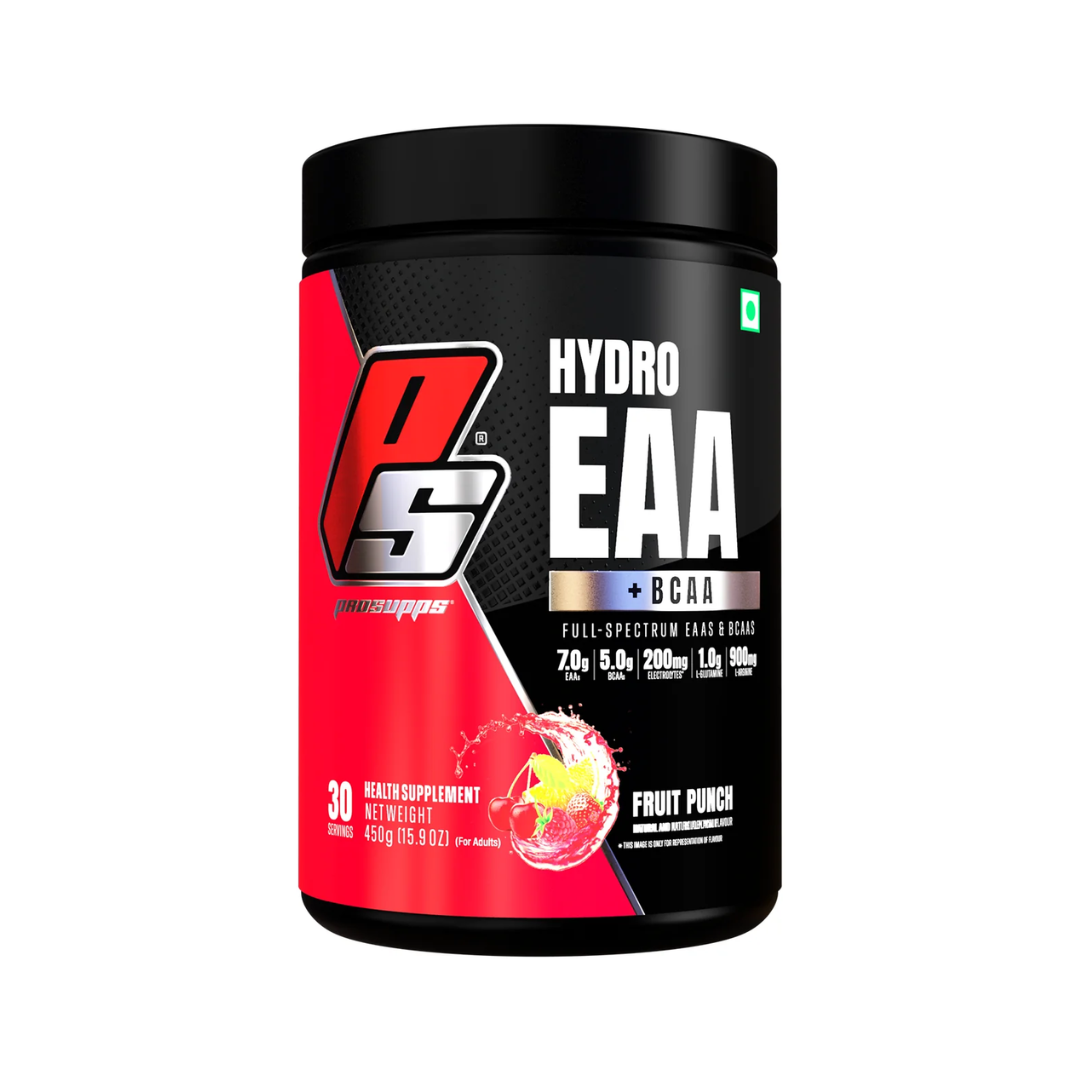 Supplement container labeled 'PS Hydro EAA + BCAA' on a white background