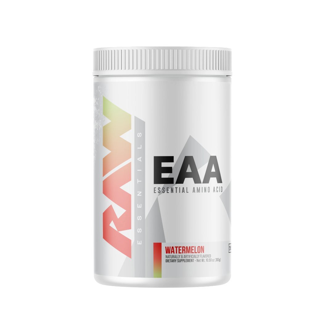 Supplement container labeled 'RAW Essential Amino Acids' on a white background