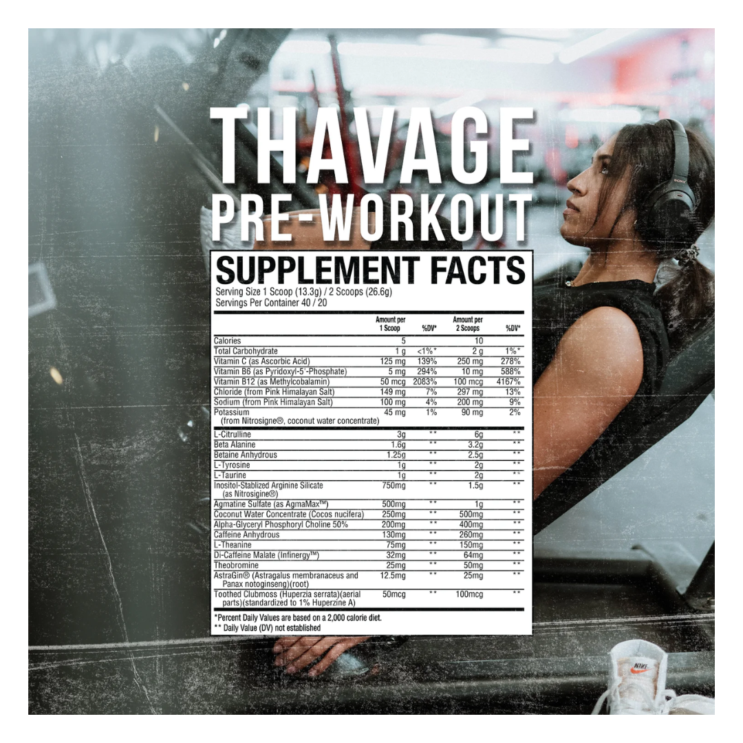 Supplement facts label for Thavage Pre-Workout supplement with a person exercising in the background.