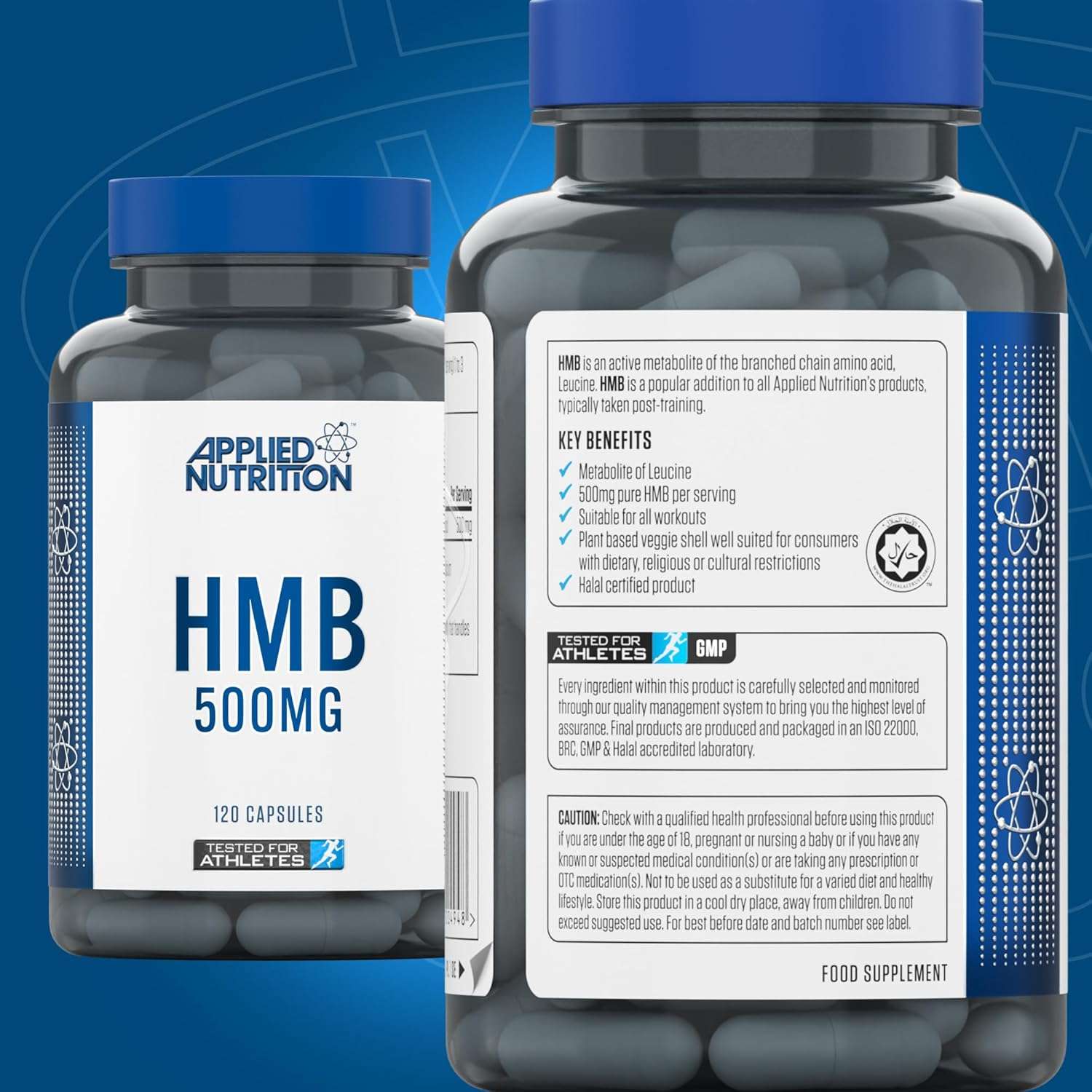 Two bottles of Applied Nutrition HMB 500MG capsules on a blue background