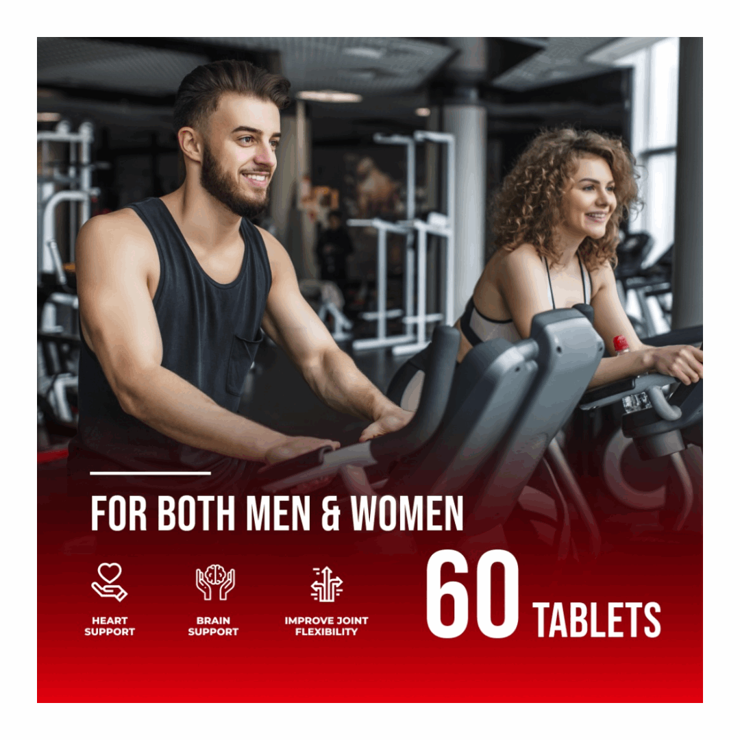 Two people on exercise bikes in a gym with product advertisement text overlay.