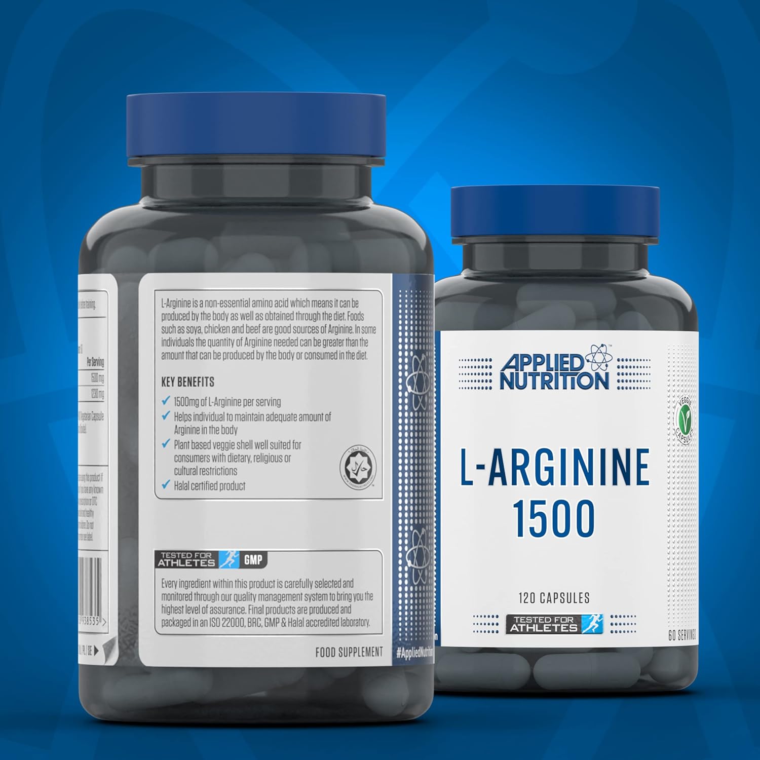 Two bottles of Applied Nutrition L-Arginine 1500 on a blue background