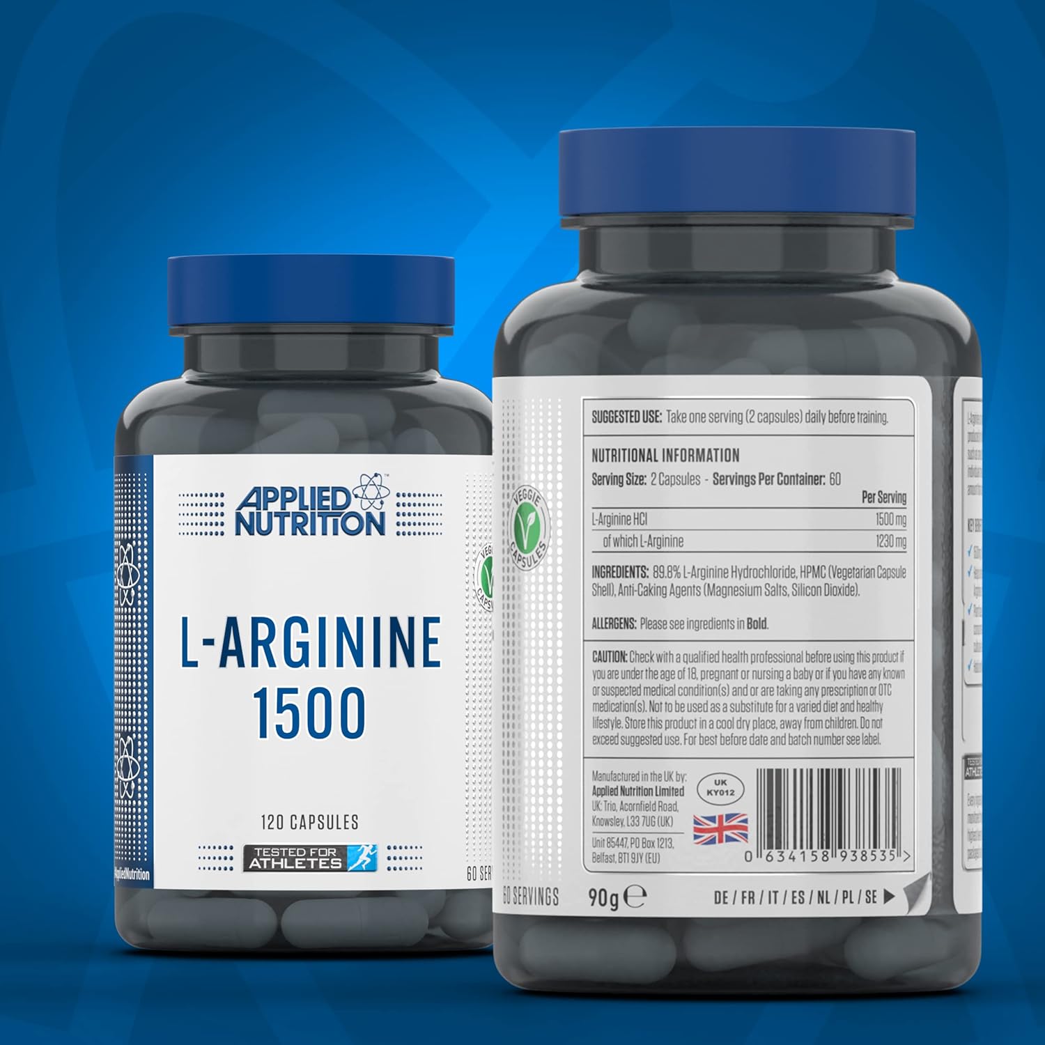 Two bottles of Applied Nutrition L-Arginine 1500 capsules on a blue background