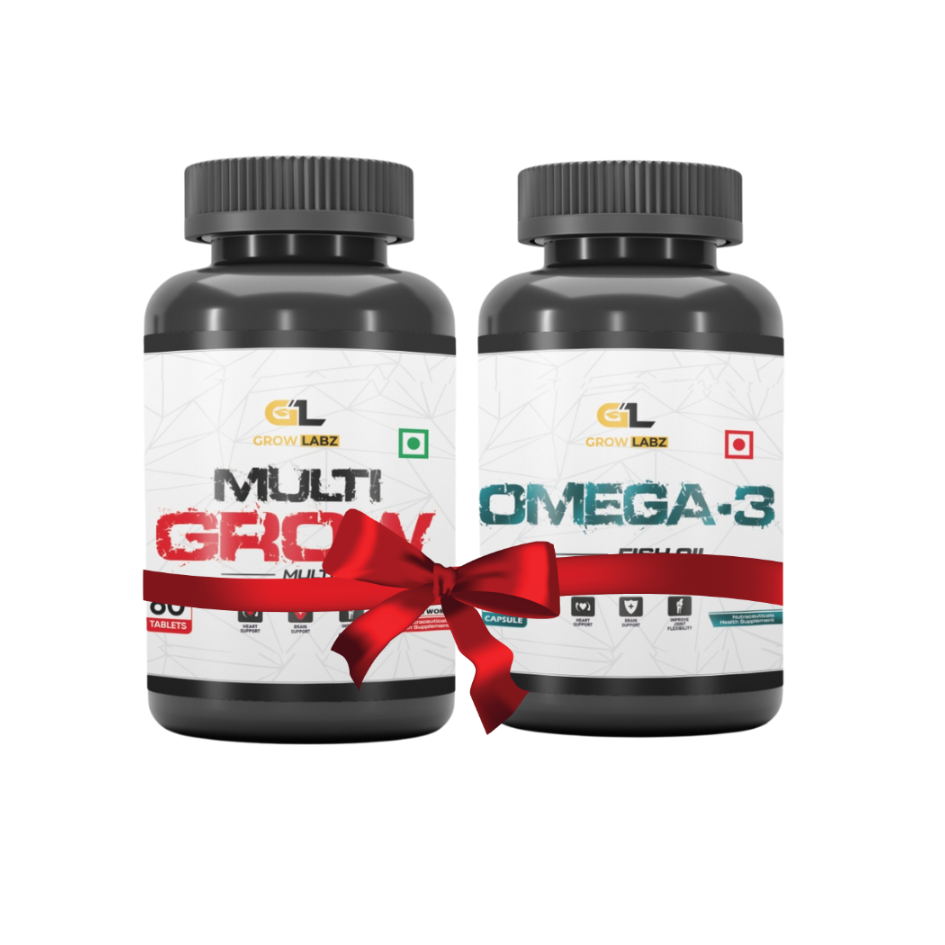 Two supplement bottles labeled 'Multi Grow' and 'Omega-3' with a red ribbon on a white background.