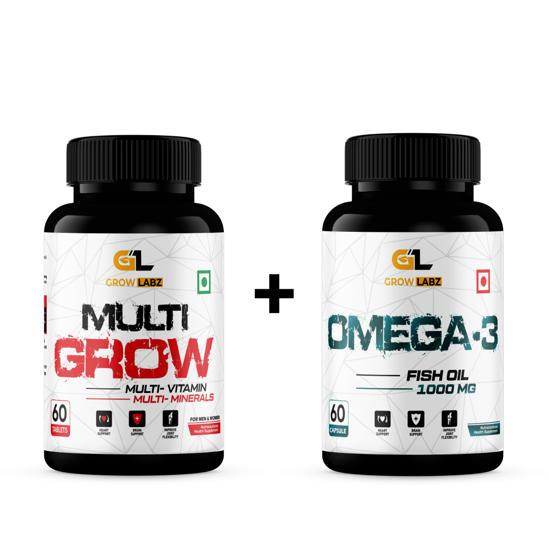 Two supplement bottles labeled 'Multi Grow' and 'Omega 3' by Grow Labz on a white background.
