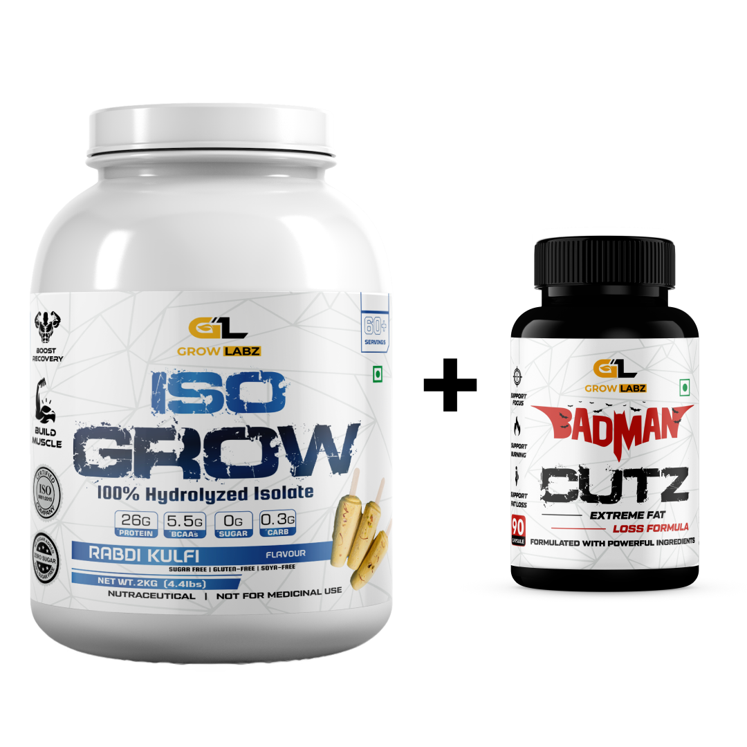 Two supplement containers, one labeled 'ISO GROW' and the other 'BADMAN CUTZ', on a white background.