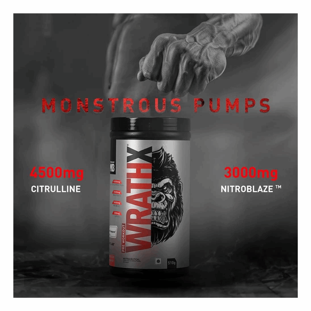 Supplement container labeled 'WrathX' with text about ingredients on a dark background