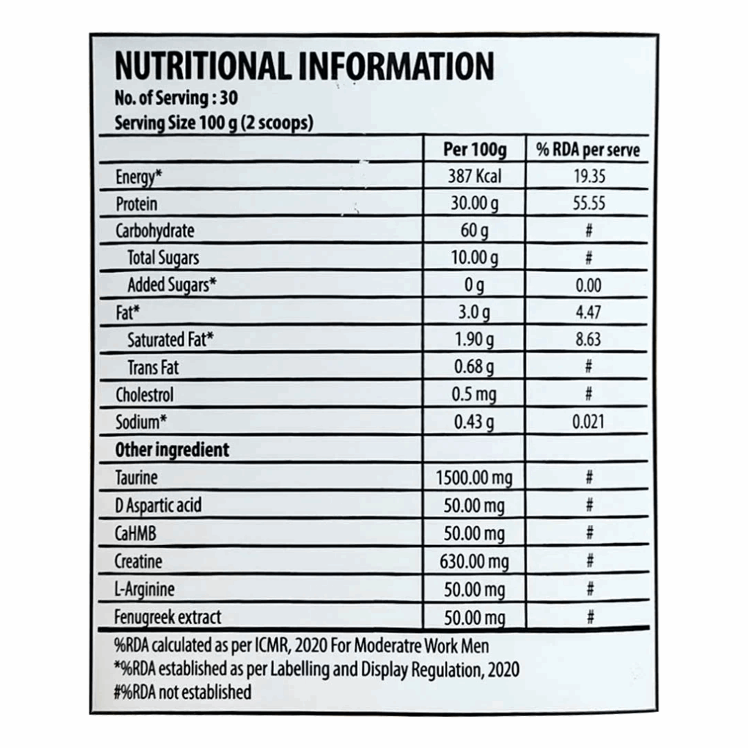 Nutritional information label for a supplement with detailed nutritional facts.
