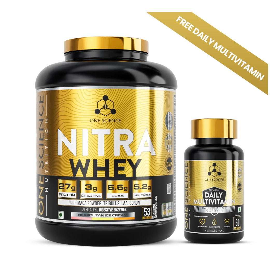 One Science Nitra Whey protein powder and Daily Multivitamin on a white background