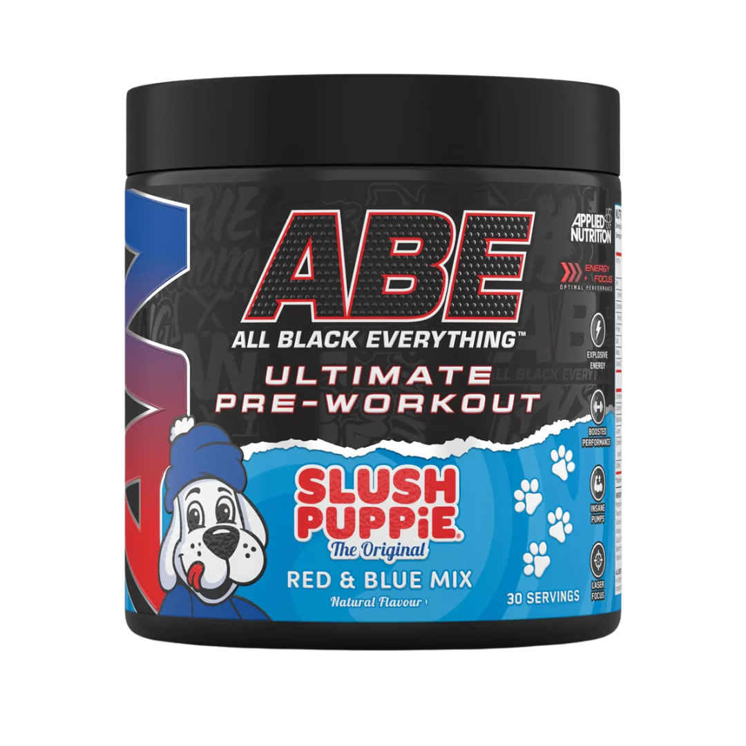 Abe All Black Everything pre-workout supplement container with Slush Puppie flavor on a white background