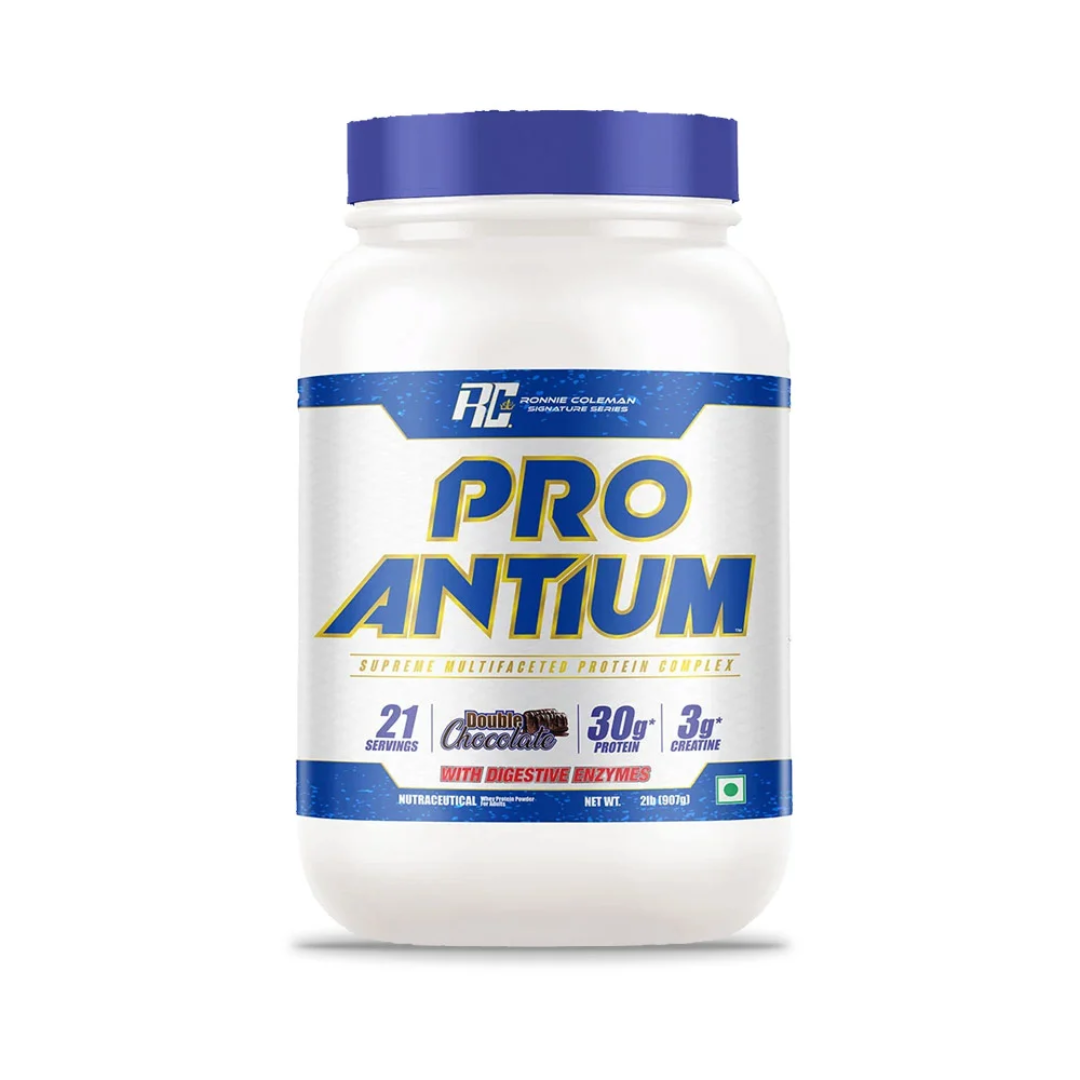 Pro Antium protein powder container with blue and white label on a white background