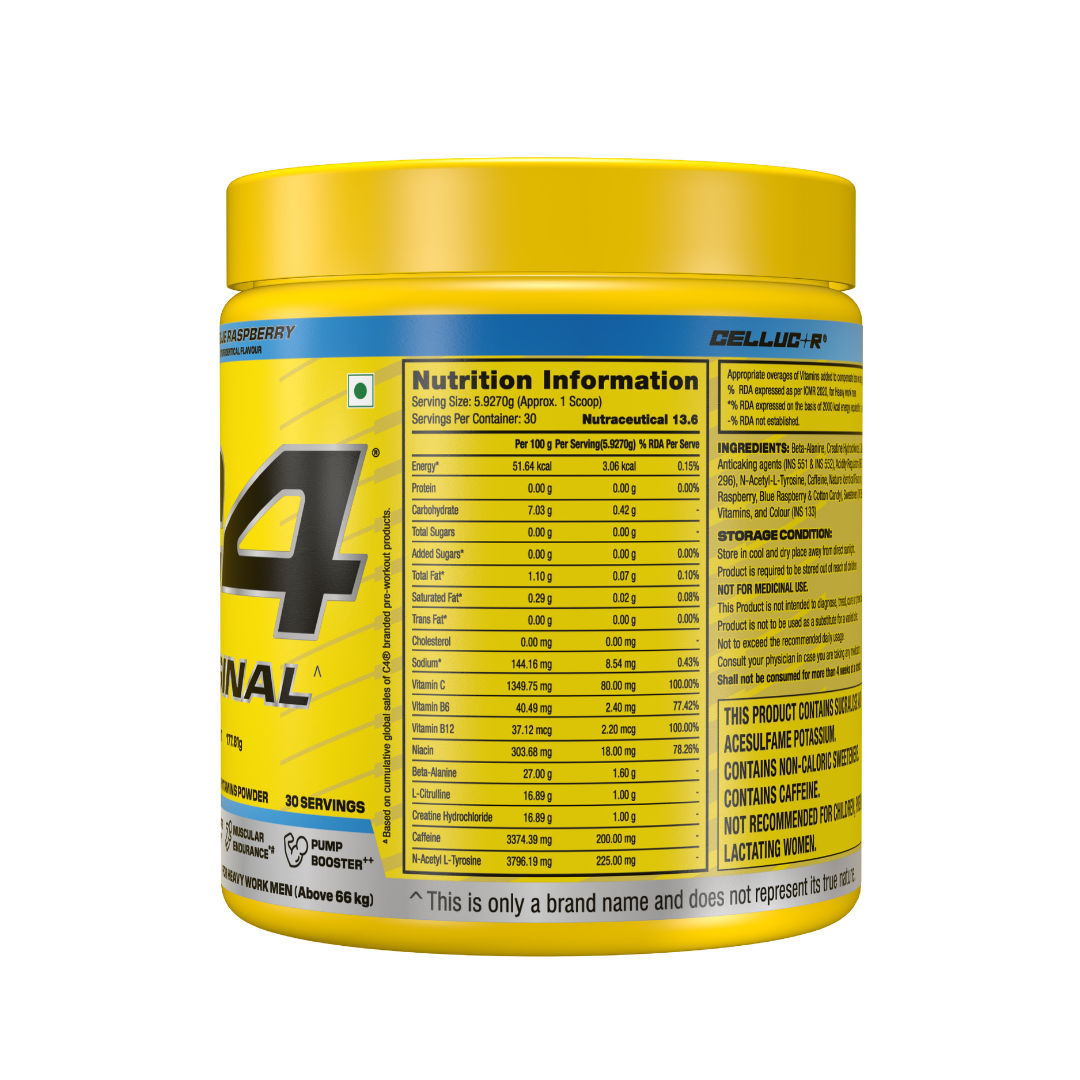 Yellow supplement container with nutrition information on a white background