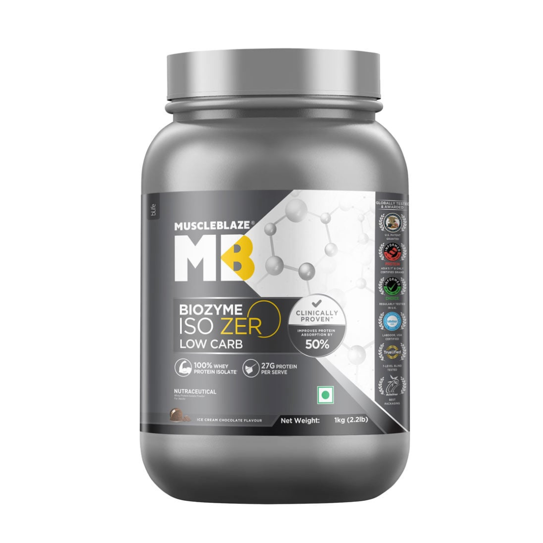 Gray supplement container with MuscleBlaze branding on a white background