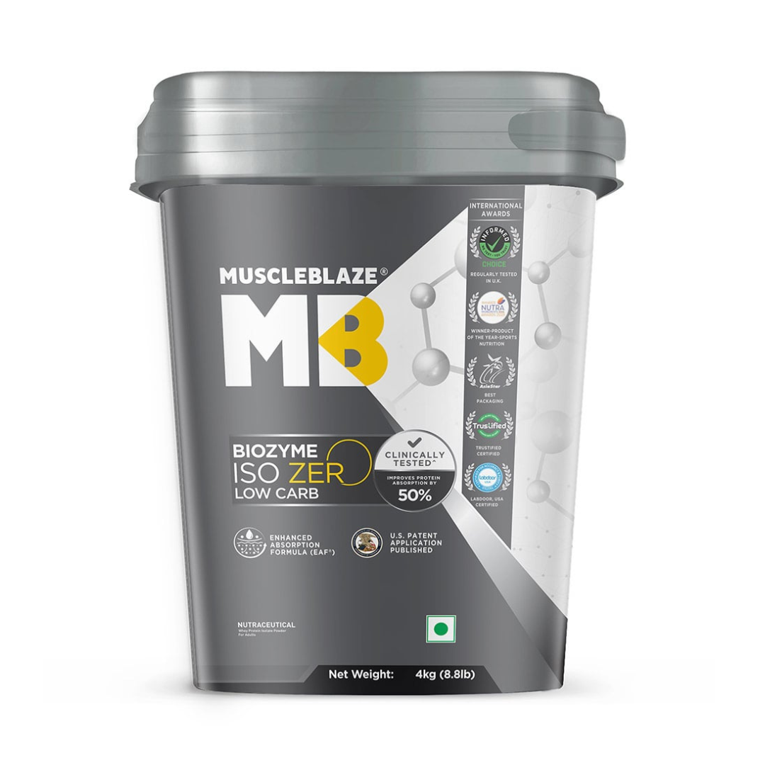 MuscleBlaze Biozyme ISO Zero supplement container on a white background
