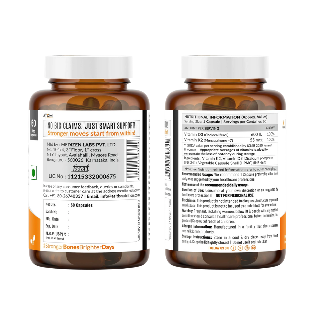 Asitis ATOM Vitamin D3 & K2 (MK-7) I 60 Veg Capsules