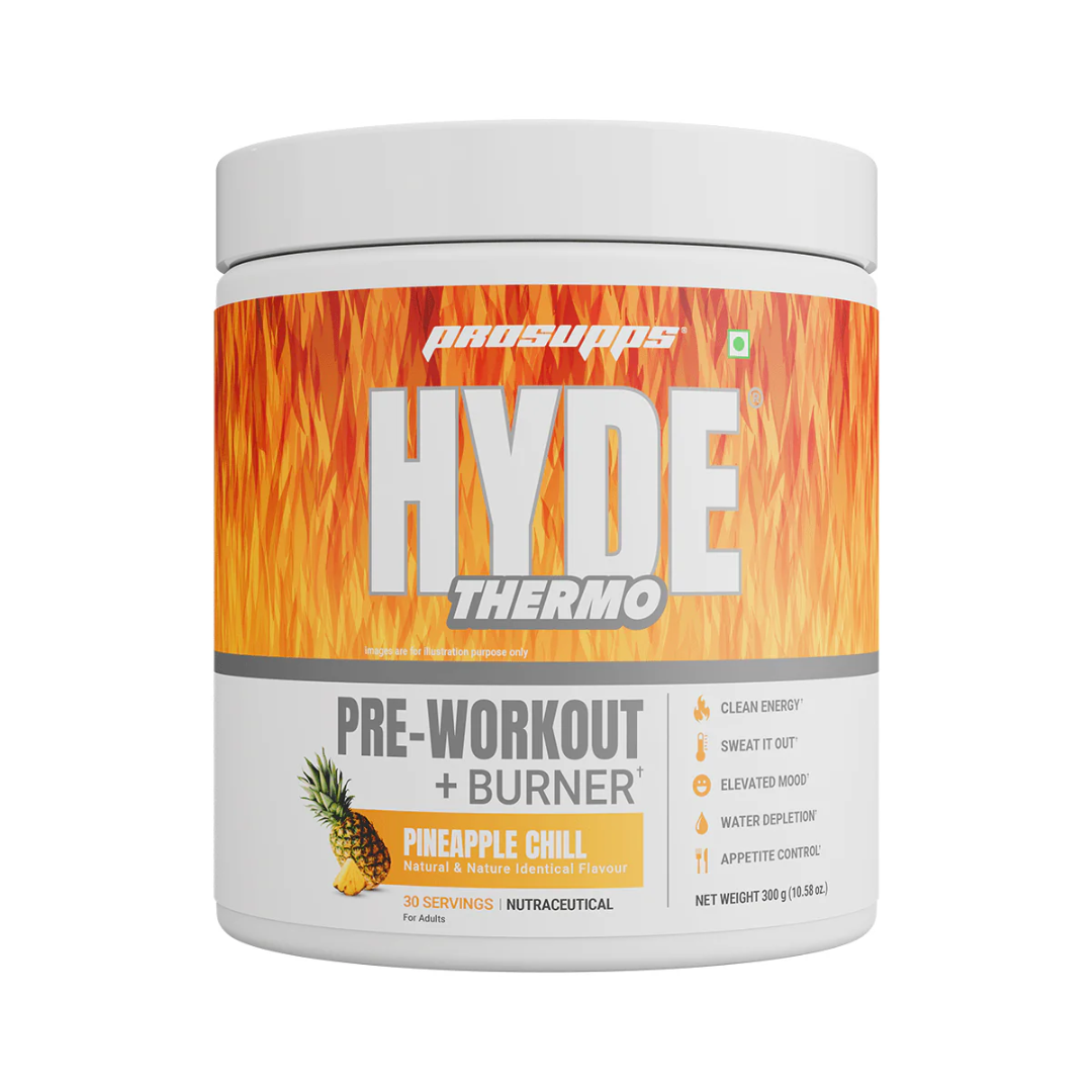 Pre-workout supplement container labeled 'Hyde Thermo' with a pineapple chill flavor on a white background.