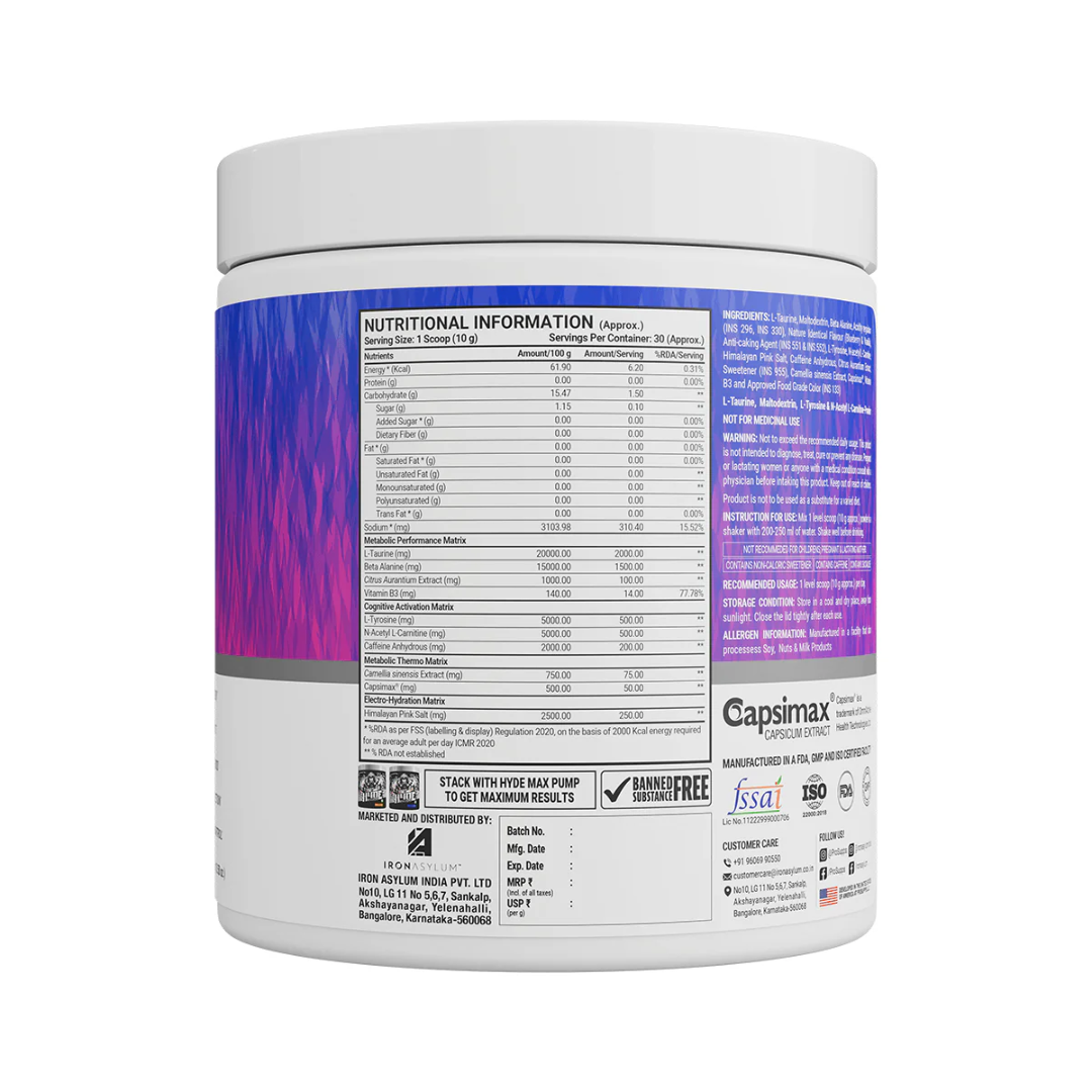 Supplement container with nutritional information label on a white background