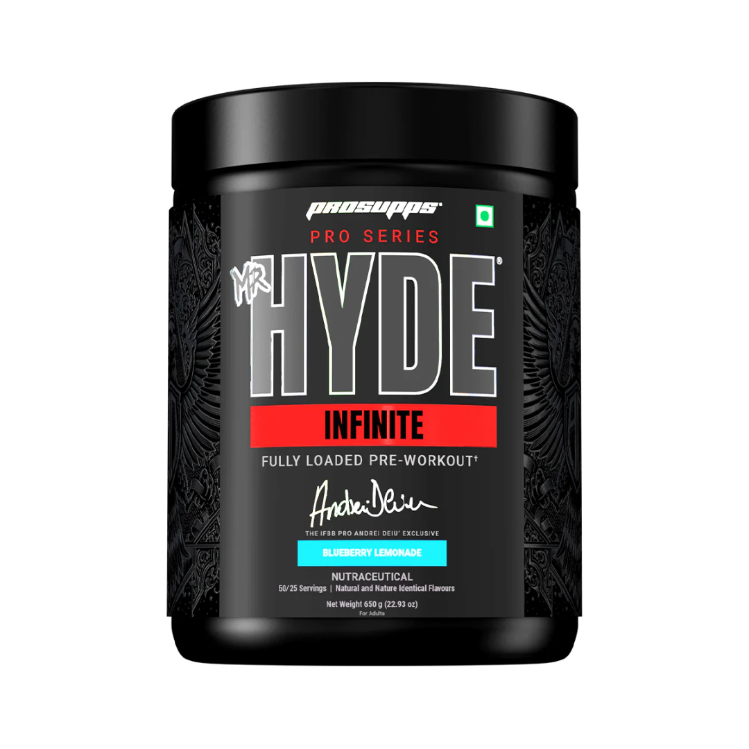 Black container of ProSupps Mr. Hyde Infinite pre-workout supplement on a white background