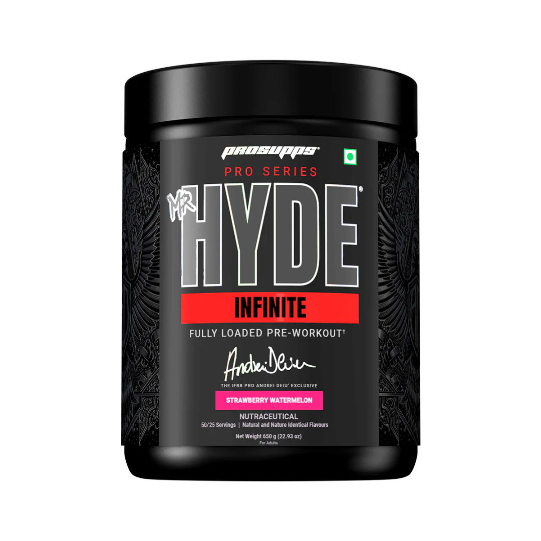 Pre-workout supplement container labeled 'Mr. Hyde Infinite' by ProSupps on a white background.
