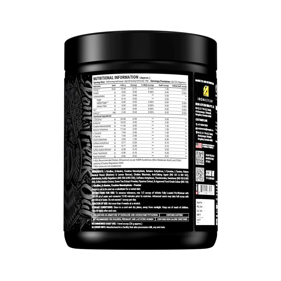 Black supplement container with nutritional information label on a white background
