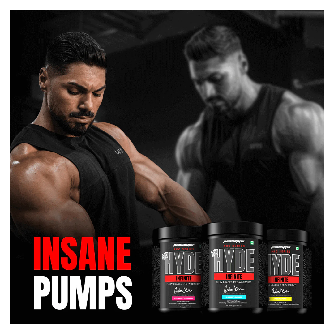 Muscular man flexing his arm with protein supplement containers labeled 'Insane Hydpe' in the foreground.
