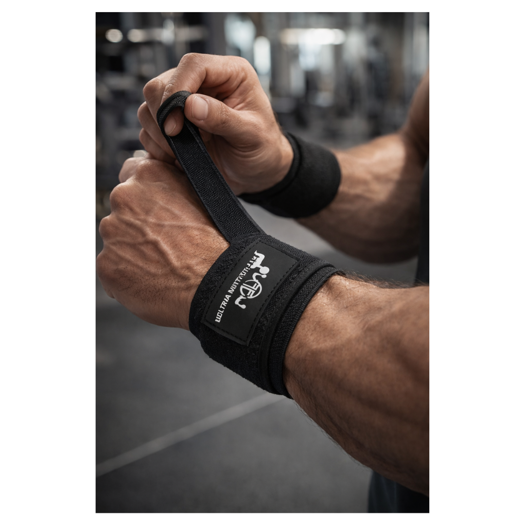 Person wearing black wrist wraps with a brand logo in a gym setting
