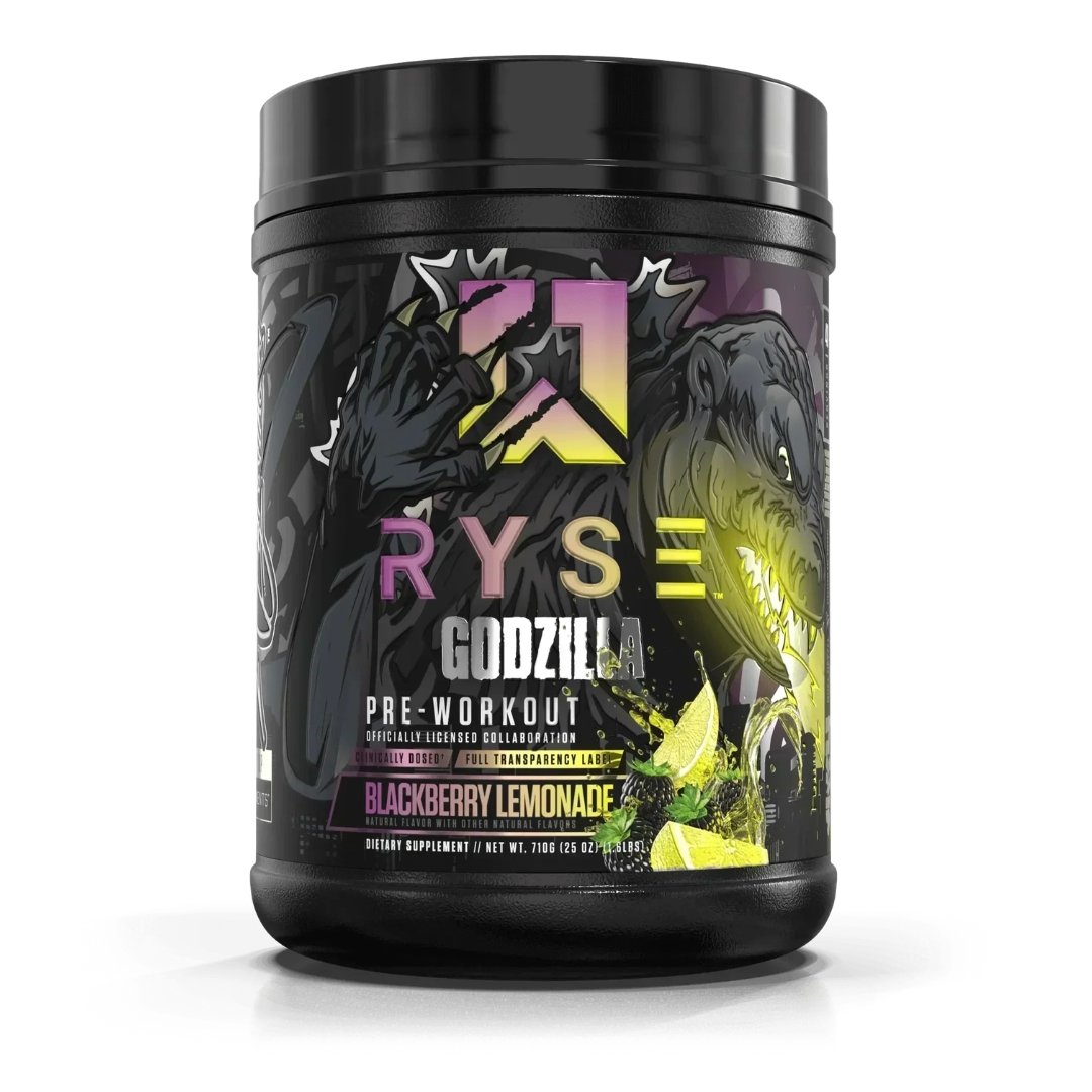 Ryse pre-workout supplement container with 'Godzilla' flavor on a white background