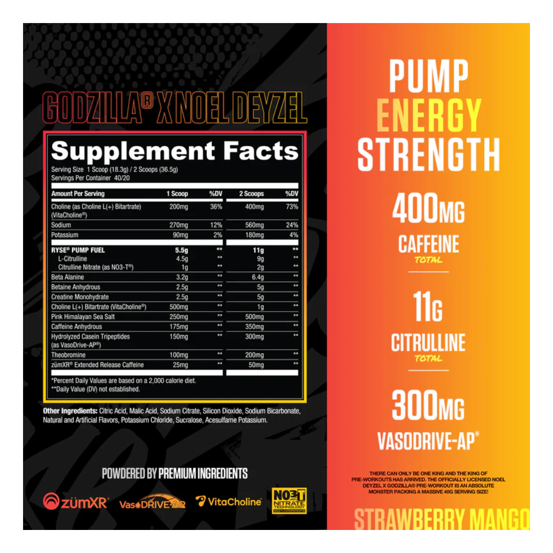 Supplement package with 'Godzilla X Noel Deyzel' branding and ingredient details on a black and orange background.