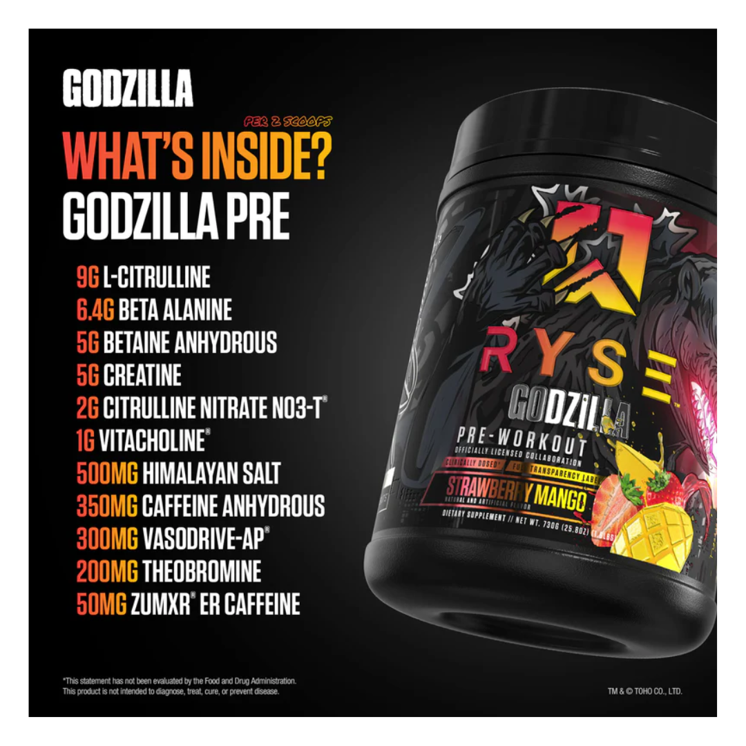 Pre-workout supplement container with ingredients listed on a black background