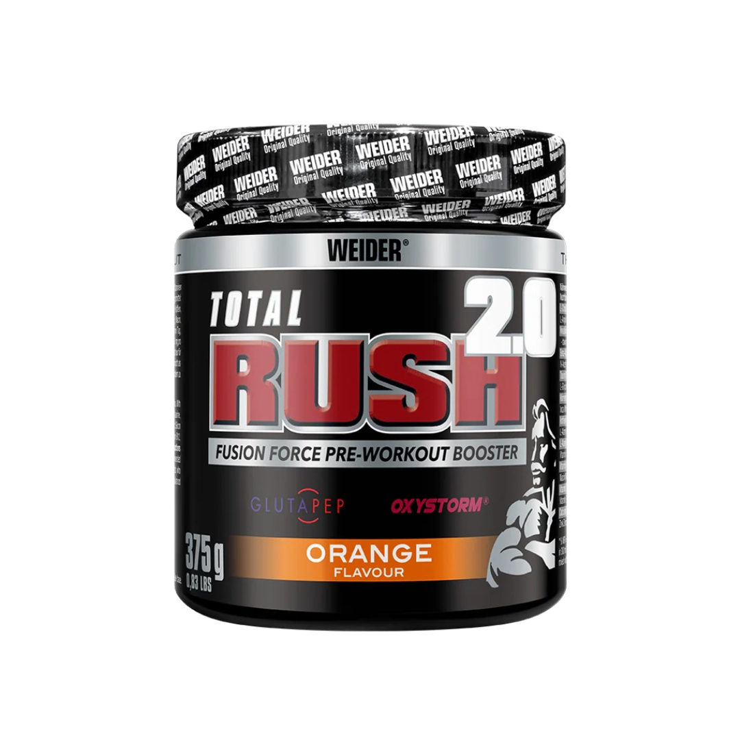 Weider Total Rush 2.0 pre-workout booster container on a white background