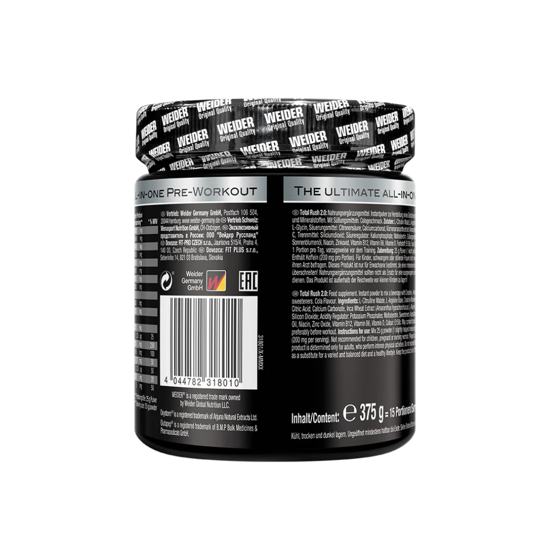Weider Total Rush 2.0 pre-workout booster container on a white background