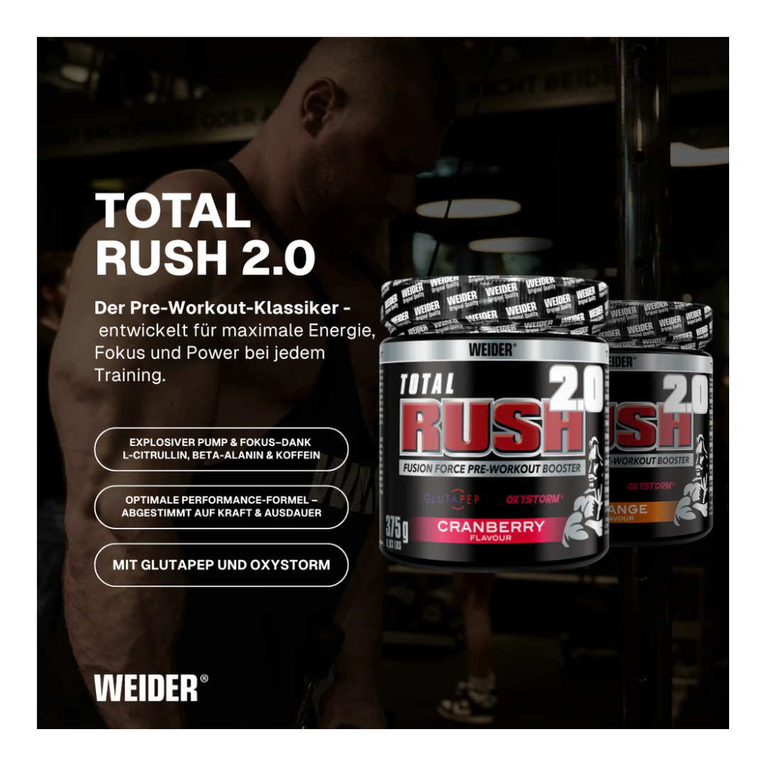 Two containers of Total Rush 2.0 pre-workout supplement with product details and Weider branding.