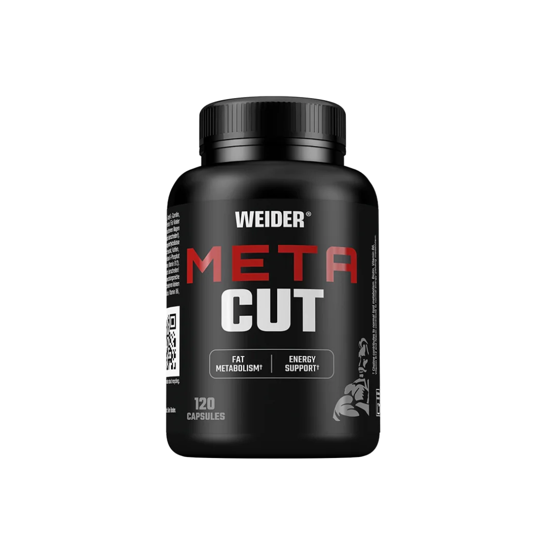 Black bottle of Weider Meta Cut supplement on a white background