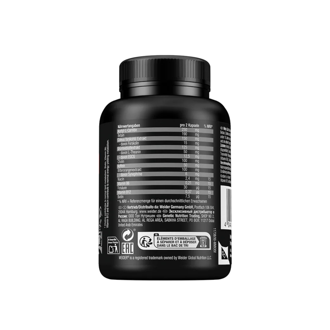 Black bottle of Weider Meta Cut supplement on a white background