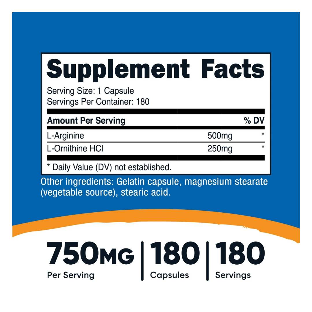 Nutricost L-Arginine + L-Ornithine supplement bottle on a white background