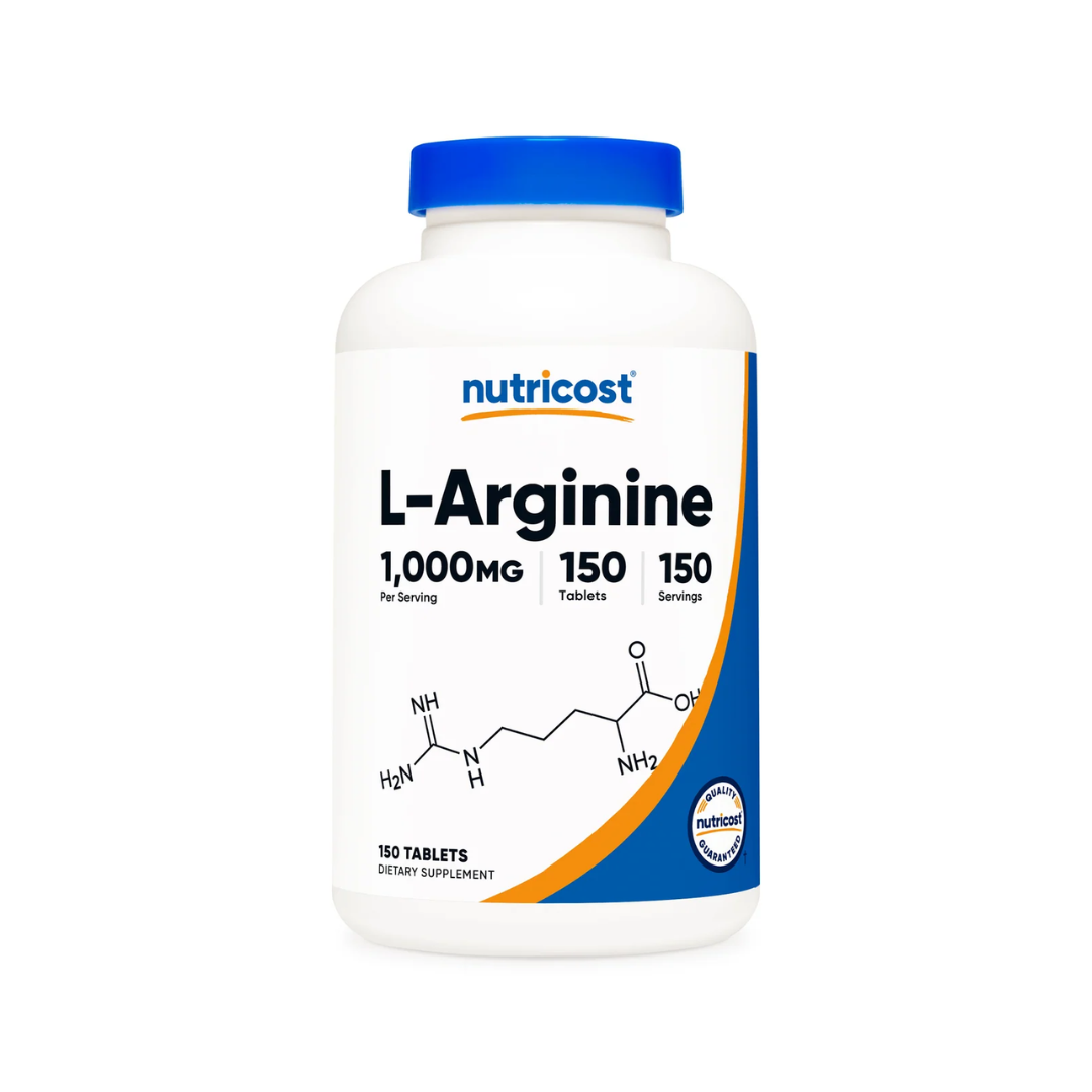 Nutricost L-Arginine supplement bottle on a white background