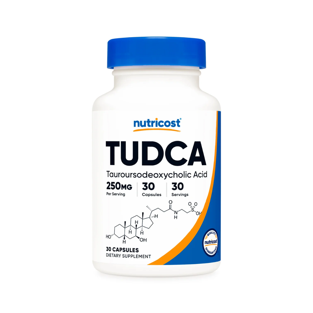 Nutricost TUDCA supplement bottle with blue and white label on a white background