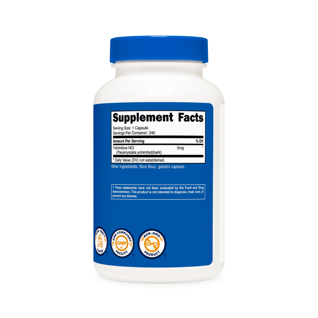 Nutricost Yohimbine supplement bottle on a white background